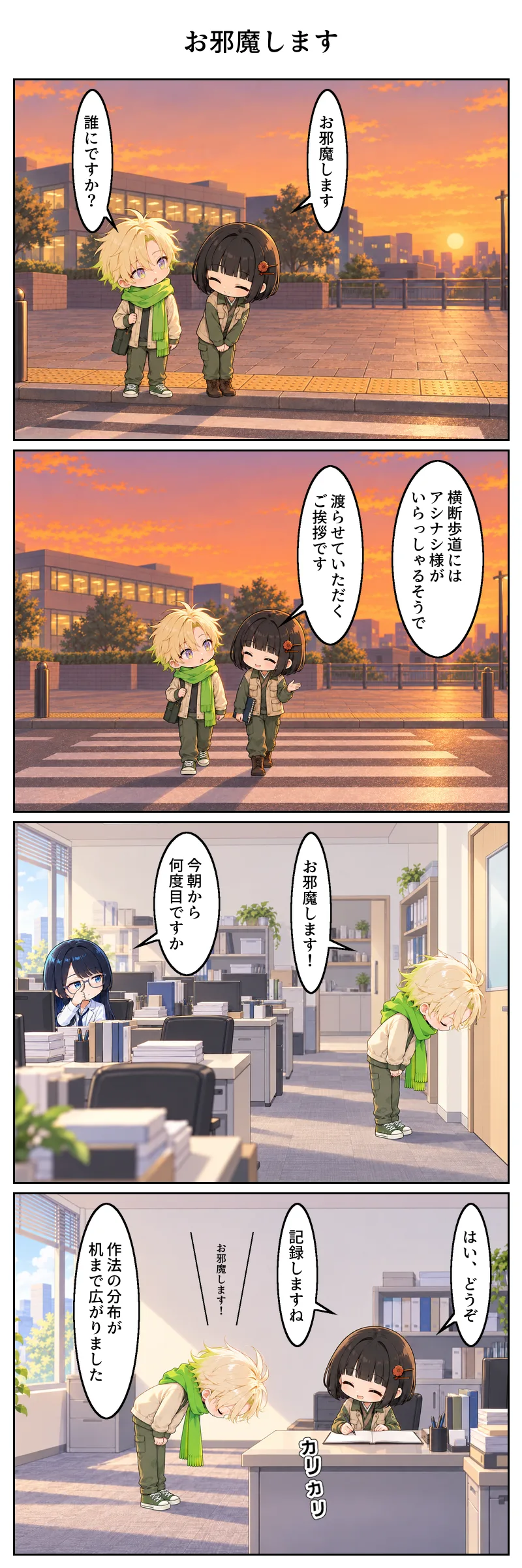 4コマ漫画「お邪魔します」。1コマ目、夕方の横断歩道の手前。久遠寺が白線の前で立ち止まり、小さく一礼して「お邪魔します」。隣で鞄を提げた日野出が首をかしげて「誰にですか?」。 2コマ目、二人並んで横断歩道を渡っている。久遠寺は穏やかな顔で「横断歩道にはアシナシ様がいらっしゃるそうで」「渡らせていただくご挨拶です」。日野出は目を丸くして感心している。 3コマ目、翌日の編集部。日野出が会議室のドアに向かって深く一礼し「お邪魔します!」。奥の席の物部が眼鏡を押し上げながら「今朝から何度目ですか」。 4コマ目、久遠寺の机の前で、日野出がまた同じように深く一礼している。久遠寺は笑顔で「はい、どうぞ」と迎えながら、開いた取材ノートにペンを走らせて「記録しますね。作法の分布が机まで広がりました」。