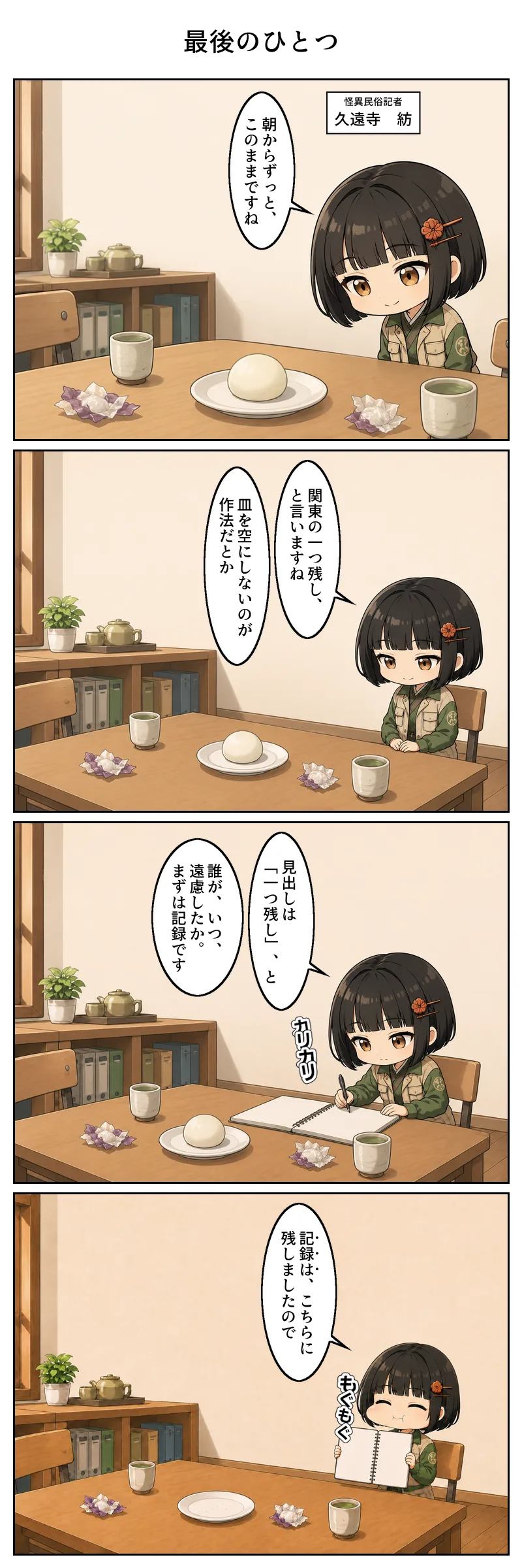 4コマ漫画「最後のひとつ」。1コマ目、編集部のテーブルの皿にまんじゅうが一個だけ残っている。通りかかった久遠寺が皿を見下ろし「朝からずっと、このままですね」。名札が添えられ「怪異民俗記者 久遠寺 紡」。 2コマ目、椅子に座って両手を膝に置き、皿を眺めてしみじみと「関東の一つ残し、と言いますね」「皿を空にしないのが作法だとか」。手は出さない。 3コマ目、取材ノートを広げて書き込む久遠寺。「見出しは「一つ残し」、と」「誰が、いつ、遠慮したか。まずは記録です」。皿はまだ手つかず。 4コマ目、皿は空になっている。頬をふくらませてもぐもぐしながらノートを掲げ、「記録は、こちらに残しましたので」(「記録は」に圏点)。