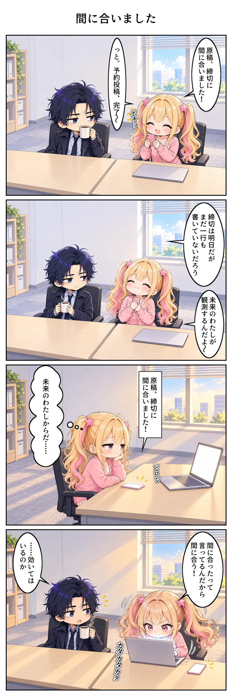 4コマ漫画「間に合いました」。1コマ目、昼の編集部。天宮が机でスマホを両手に持ち、にこにこしながら打ち込んで「原稿、締切に間に合いました! っと。予約投稿、完了〜」。ノートパソコンは閉じたまま。隣の席の黒須がコーヒーを飲みながら横目で見ている。 2コマ目、黒須がマグを持ったまま天宮を見て「締切は明日だがまだ一行も書いていないだろう」。天宮はスマホを胸に抱えて「未来のわたしが観測するんだよ〜」。 3コマ目、翌朝。開いたノートパソコンの真っ白な画面の前で、天宮が頬杖をついてぼんやりしている。机のスマホが鳴り、通知「原稿、締切に間に合いました!」。天宮は心の中で「未来のわたしからだ……」。 4コマ目、目を見開いた天宮が猛烈にキーボードを打ちながら「間に合ったって言ってるんだから間に合う!」。隣でマグを口に運びかけたまま止まった黒須が「……効いてはいるのか」。