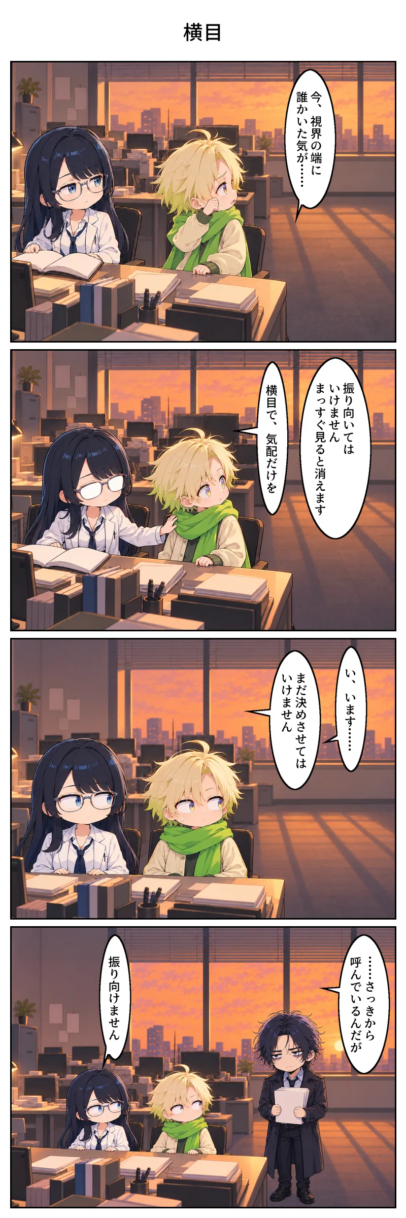 4コマ漫画「横目」。1コマ目、夕方の編集部。机で日野出が目をこすりながら後ろを気にして「今、視界の端に誰かいた気が……」。隣の席の物部が本から顔を上げる。 2コマ目、物部が日野出の肩に手を置いて止め、眼鏡を光らせて「振り向いてはいけません。まっすぐ見ると消えます」「横目で、気配だけを」。 3コマ目、二人並んで正面を向いたまま、目だけを横に寄せて固まっている。日野出「い、います……」。物部「まだ決めさせてはいけません」。 4コマ目、引きの構図。同じ姿勢で固まる二人の真横に、黒須が書類の束を持って立ち、疲れた顔で「……さっきから呼んでいるんだが」。物部は横目のまま「振り向けません」。